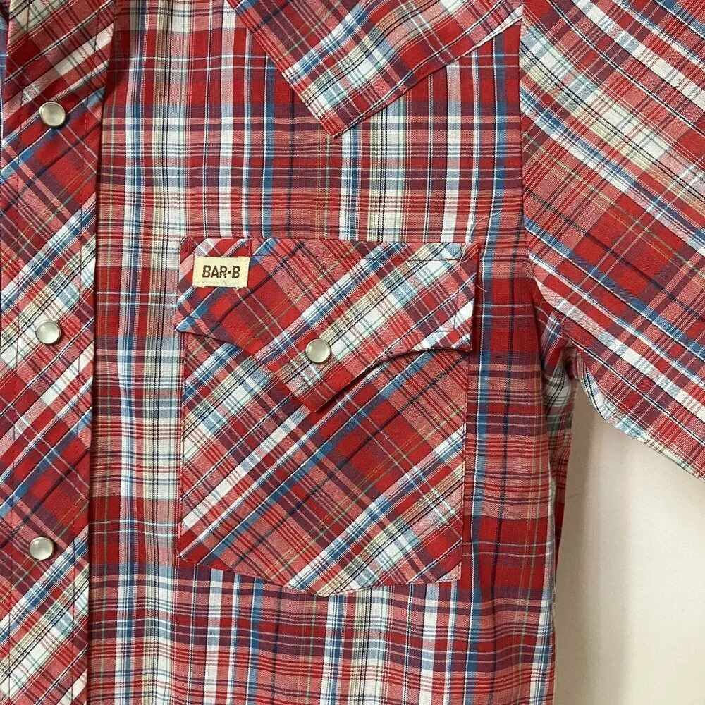 Vintage Bar B Pearl Snap Shirt Small Red Plaid Western Cowboy Permanent Press - Picture 5 of 6